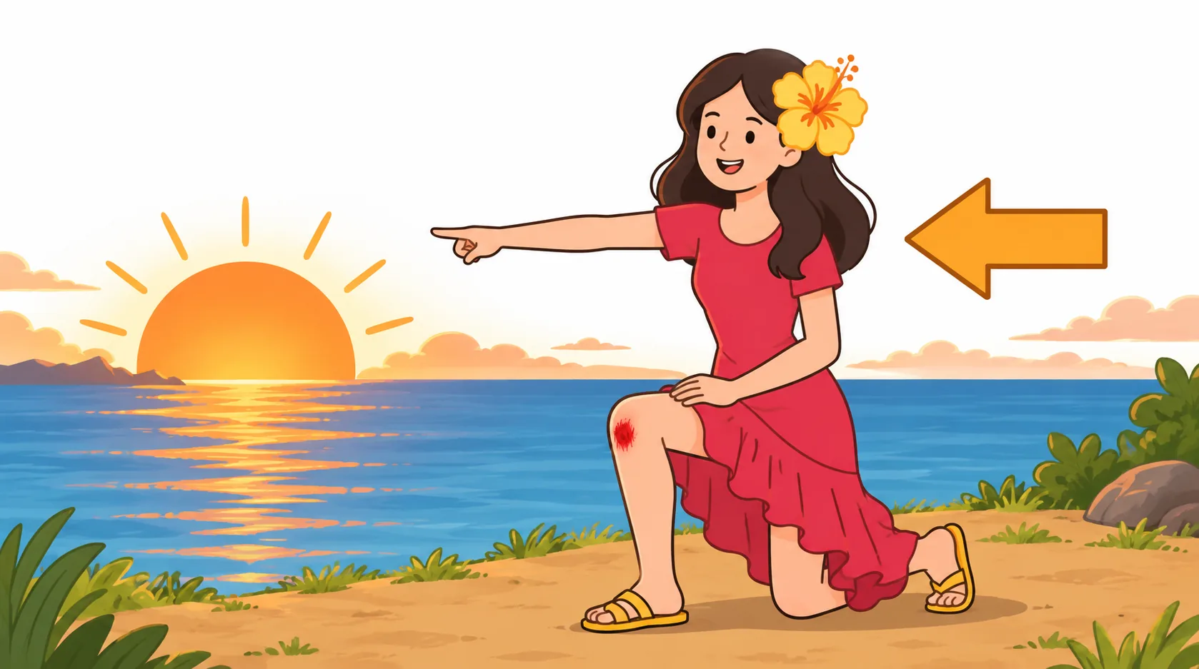 A woman in a red dress kneels on one knee and points at a big orange sun sinking toward the horizon, with a compass arrow pointing left beside her.