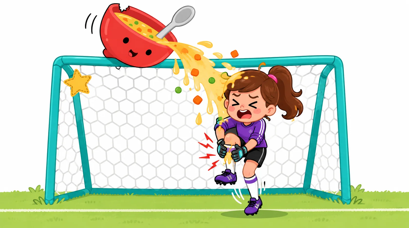 A steaming bowl of soup tips over the top of a soccer goal net, splashing a goalie, who hops while clutching her shin.