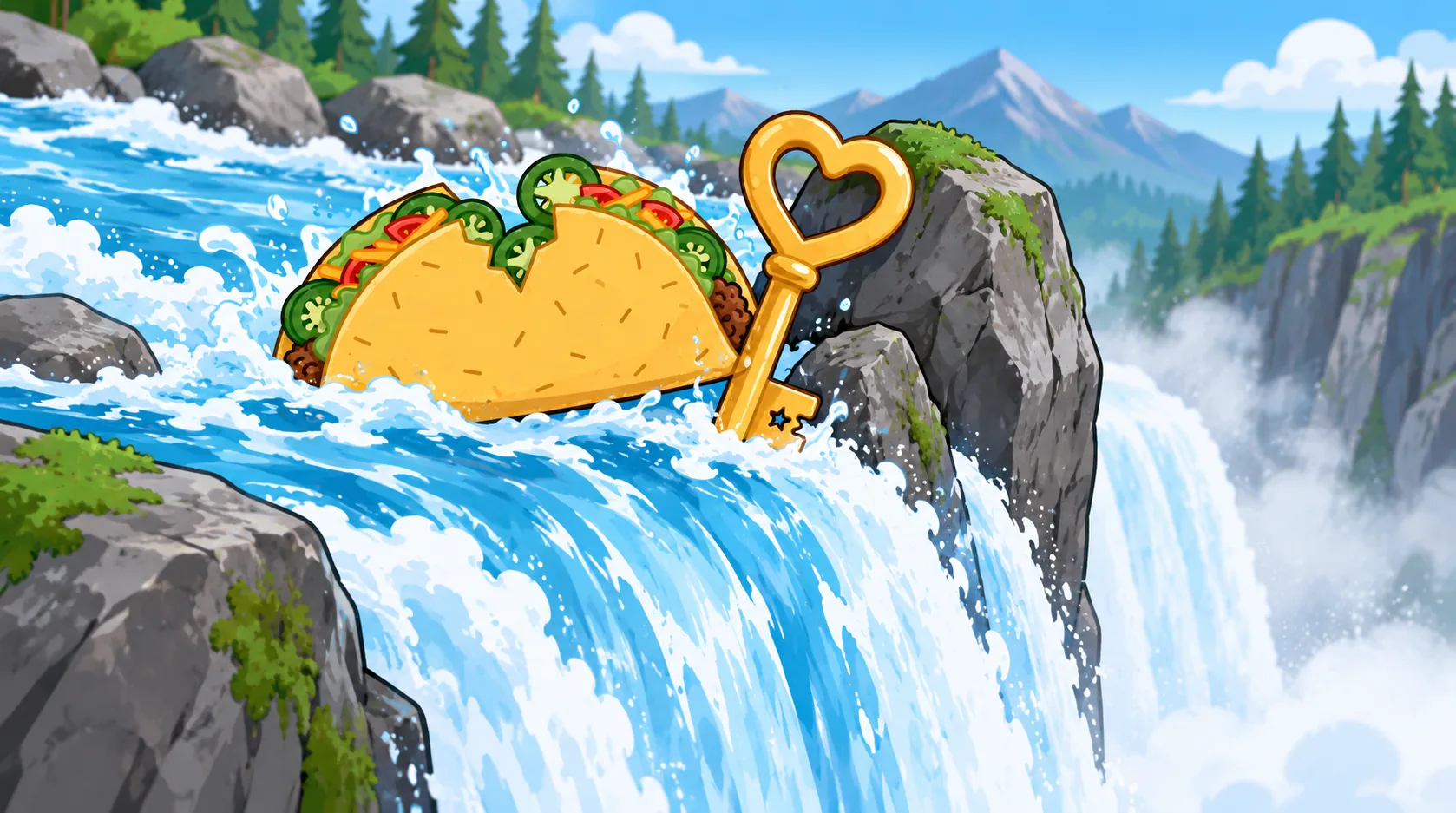 A crunchy taco floats down a mountain stream and catches against a big golden skeleton key lodged between rocks at the edge of a tall waterfall plunging into a misty pool.